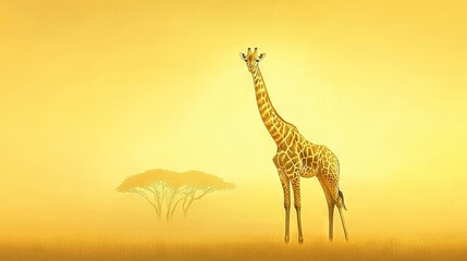   A vibrant depiction of a giraffe standing amidst lush green foliage, bathed against a warm golden backdrop The serene scene captures the essence of tranqu
