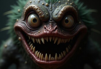Close-up of a Creepy, Detailed Monster with Sharp Teeth and Large Eyes