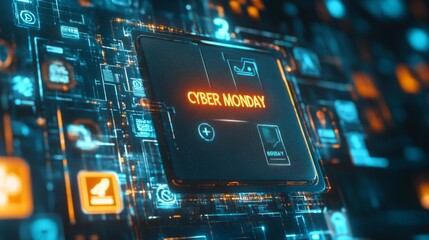 Cyber Monday Sale Announcement on a Futuristic Digital Interface