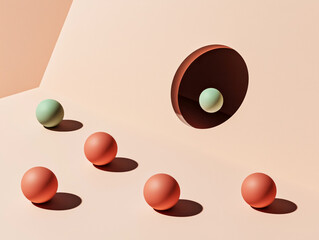 Minimalist abstract composition of pastel-colored balls and geometric shapes on a soft background, modern art concept