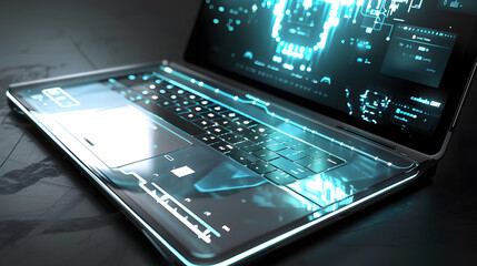 Illustration of a futuristic and advanced gaming laptop with attractive concept wallpapers.