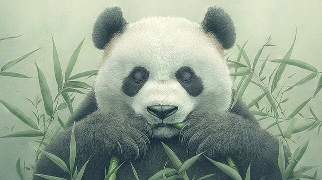   A pand bear rests atop lush green grass, eyes closed and head resting on a bamboo plant
