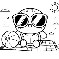 Naklejka premium line Cute baby turtle wearing sunglasses on the beach