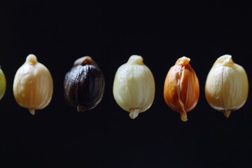 Obraz premium Different varieties of seeds arranged in a row showcasing their unique colors and shapes