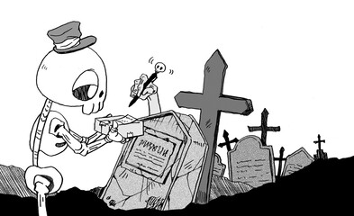 荷物を配達するガイコツの配達員のモノクロイラスト