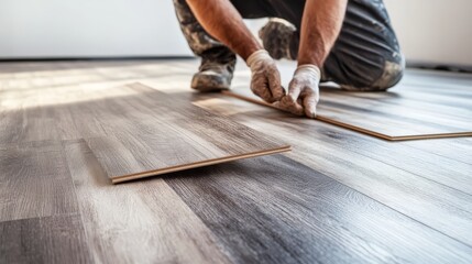 Craftsman installing vinyl flooring in a modern home interior. Professional worker placing floor panels. Home renovation and construction concept.