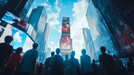 Crowd looking up at digital billboards in a busy urban cityscape, with skyscrapers and bright blue sky in the background.