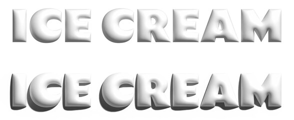 White 3D text Ice Cream with and without shadow. Perfect for dessert menus, food packaging, and summer promotions.