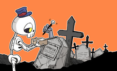 荷物を配達するガイコツの配達員のフルカラーイラスト