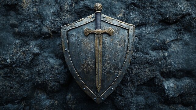 A medieval shield and sword on a stone wall. - Powered by Adobe