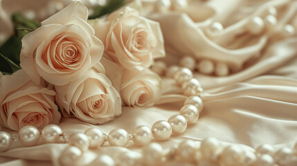 Elegant cream roses with pearls on luxurious satin fabric