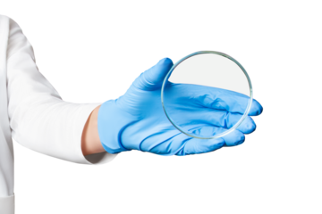 Doctor or lab technician holding a Petri dish on an empty background for medical presentations, laboratory marketing, and healthcare-related designs.