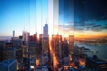 Fototapeta premium Stunning city skyline transition from day to night over a bustling metropolis at dusk