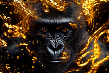 Close-up view of gorilla face on a dark background with liquid gold swirls.