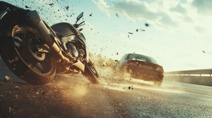 Dramatic motorcycle accident on a highway with car collision. High-speed crash and flying debris emphasizing road safety hazards.