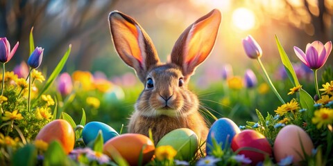 Fototapeta premium Easter Bunny in a Field of Flowers with Colorful Eggs at Sunset