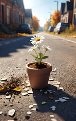 A micro-tiny clay pot full of dirt with a beautiful daisie planted shining in the autumn sun on a road in an abandoned city.