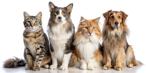 Fototapeta premium Four Furry Friends - A tabby cat, a Norwegian Forest cat, an Australian Shepherd, and a fluffy cat, sitting side-by-side, gazing into the distance