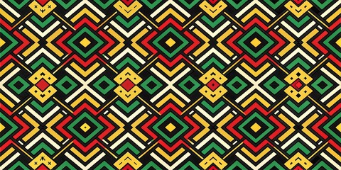 Geometric Abstract Pattern with Red, Green, Yellow, and Black Colors on Black Background