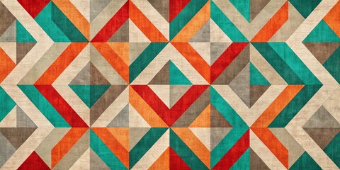 Geometric Wooden Pattern Teal, Red, Orange, and Gray Triangles on a Textured Background