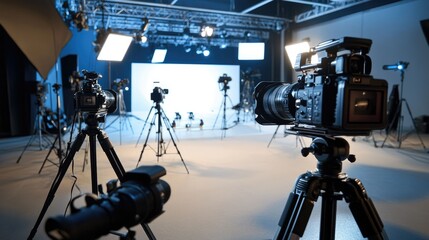 A professional film production studio with multiple cameras, tripods, and lighting setups, ready for a video shoot.