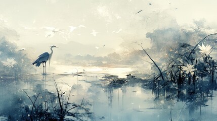 Obraz premium A bird standing in a pond with surrounding foliage and sky full of flying birds