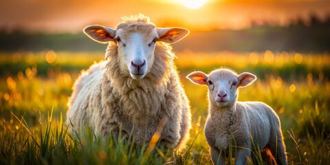 Obraz premium Golden Hour Lambs Mother and Child Sheep Standing in a Field of Grass with a Sun-Kissed Glow