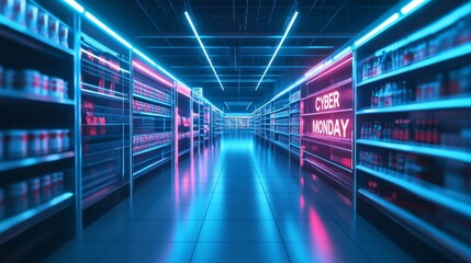 Fototapeta premium Empty Supermarkets Aisle with Neon Lights and Cyber Monday Sign
