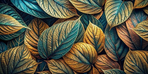 Golden Hues and Teal Veins A Close-Up Study of Autumn Leaves' Intricate Patterns