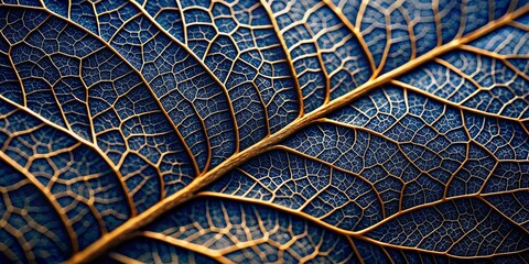 Obraz premium Golden Veins on a Blue Leaf A Macro Perspective of Nature's Intricate Design