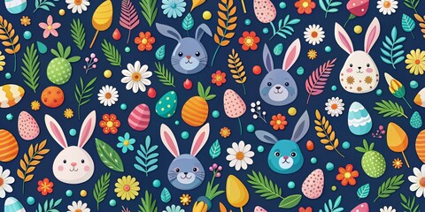 Naklejka premium Happy Easter Bunny and Eggs on Blue Background - A Vibrant Seamless Pattern with Flowers and Leaves