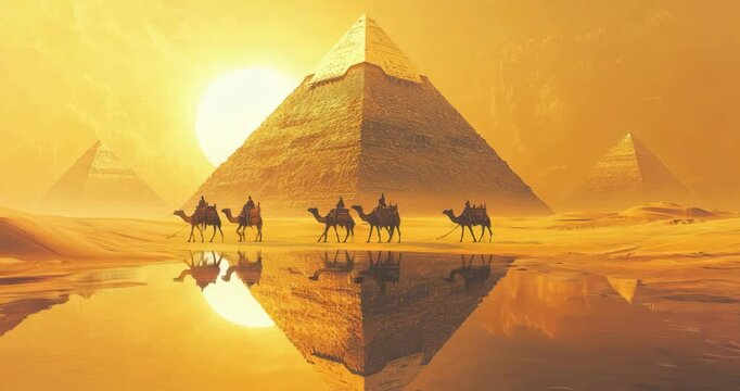 Behold the Majestic Pyramids and graceful Camels at Sunset amidst the vast Desert sands
