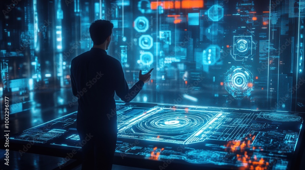 Fototapete A professional in a sleek office space engages with floating holographic data and advanced neural network patterns at dusk. Generative AI