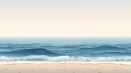 Obraz premium Calm blue ocean waves lapping on a sandy beach under a hazy sky.