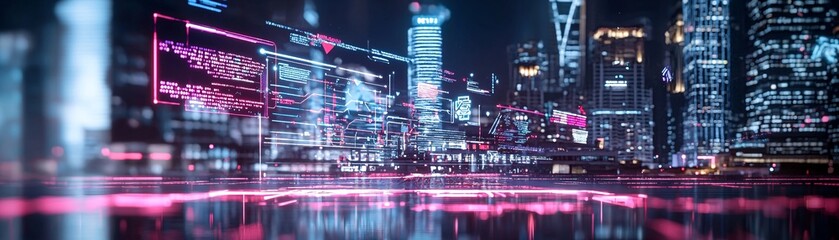 14. Futuristic urban landscape, AI integration, digital society, neon holograms