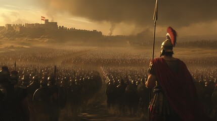 Epic historical battle scene with ancient soldiers and a dramatic sky, ready for combat in front of a fortified castle.