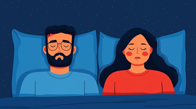 Partner sitting up in bed, frustrated with snoring while the other person sleeps soundly, [snoring frustration], [sleep disturbance]