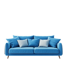 Blue sofa and pillows in 3D rendering isolated against a transparent background