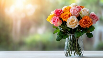 Obraz premium Beautiful Bouquet of Multicolored Roses in a Glass Vase on a Wooden Table, Bathed in Soft Sunlight, Highlighting the Vibrant Orange, Pink, and White Blooms Against a Blurred Green Background