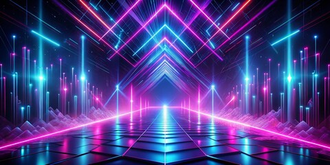 Obraz premium Neon Lights and Reflective Tiles An Abstract Journey Through a Digital Landscape