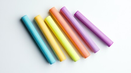 A variety of colorful chalk sticks neatly arranged on a clean white background, showing bright pastel shades and smooth textures.