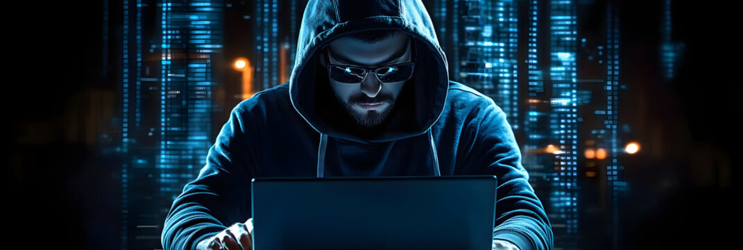 hacker man with his laptop about to hack and commit a cyber crime
