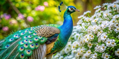 Naklejka premium Peacock in a Garden of White Flowers