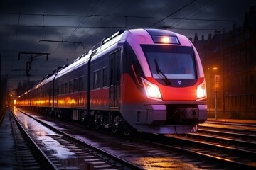 Naklejka premium A modern train approaches a station illuminated by evening lights during the twilight hours