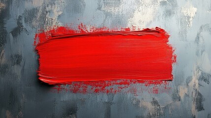 A vibrant red paint stroke placed in the center of a muted grey background with soft lighting.