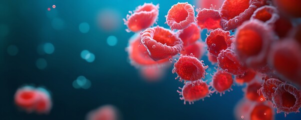 Microscopic view of red blood cells in fluid, vibrant colors, abstract background.