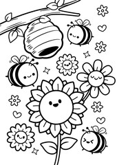 cute bee honey coloring page illustration