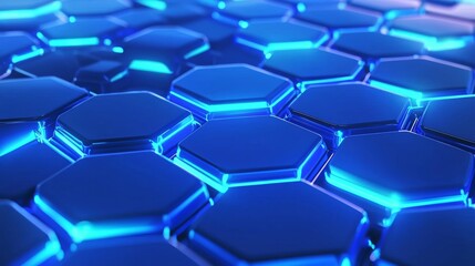 Obraz premium Dark background with abstract hexagon geometric blue neon lights.