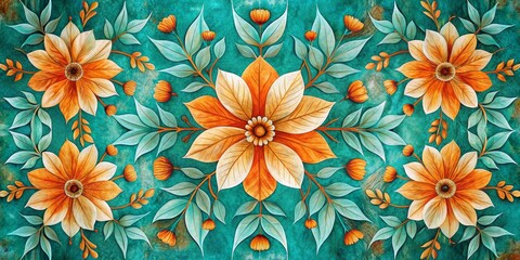 Teal and Orange Floral Tapestry A Symmetrical Arrangement of Delicate Blooms and Lush Foliage
