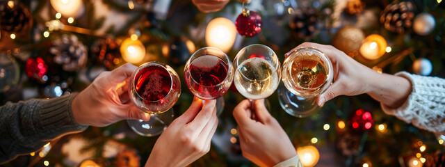 Celebration Christmas or new years eve party. People holding glasses of champagne making a toast. Champagne with blurred background